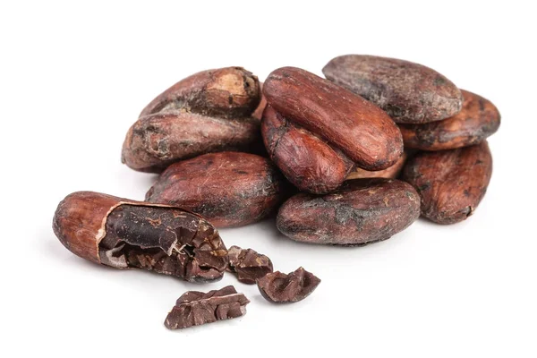 Grano de cacao sin pelar aislado sobre fondo blanco macro vista superior — Foto de Stock