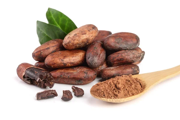 Haba de cacao sin pelar con hoja y cacao en polvo en cuchara de madera aislada sobre fondo blanco — Foto de Stock