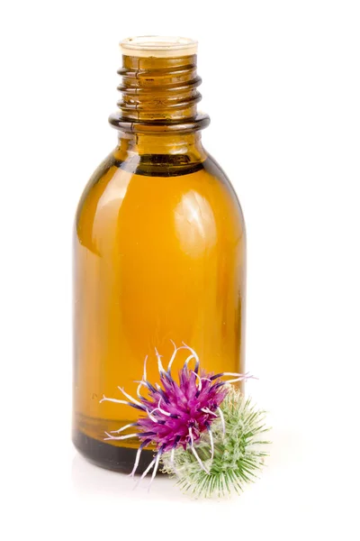 Aceite de bardana en botella de vidrio y flores de bardana aisladas sobre fondo blanco — Foto de Stock