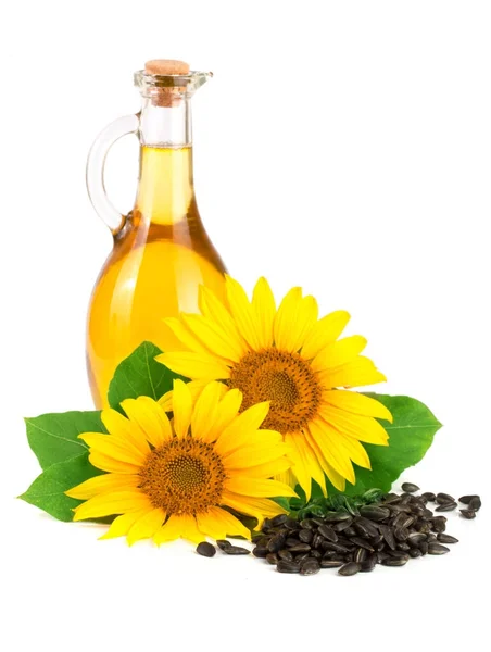 Olej słonecznikowy, nasiona i kwiat izolowane na białym tle — Zdjęcie stockowe