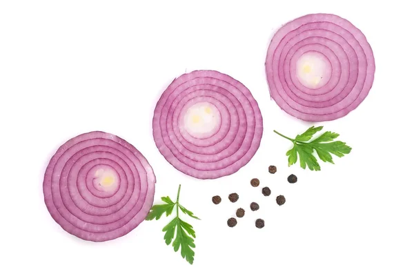 Sliced red onion rings with parsley leaves and peppercorns isolated on white background. Top view — Stock Photo, Image