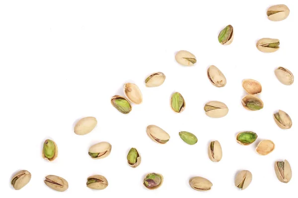 Pistachios diisolasi pada latar belakang putih dengan ruang fotokopi untuk teks Anda, tampilan atas. Pola lay datar — Stok Foto