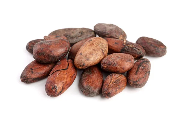 Unpeeled cocoa bean isolated on white background macro top view — Stock Photo, Image