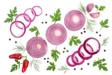 soğan, sarımsak, acı biber maydanoz ve dereotu beyaz arka plan üzerinde izole. Üstten Görünüm. Düz yatıyordu desen