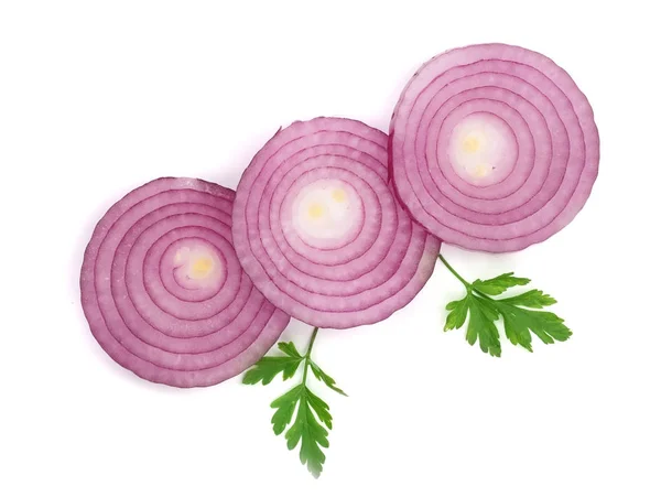 Sliced red onion rings with parsley leaves isolated on white background. Top view — Stock Photo, Image