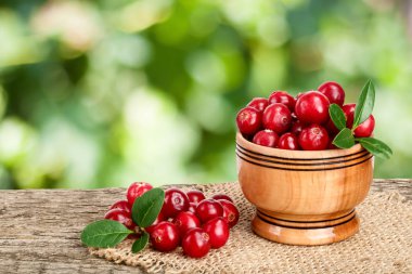 Yaban mersini yaprağı üzerinde bulanık Bahçe arka plan ile eski ahşap masa ahşap kase
