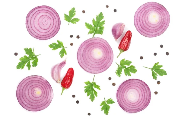 soğan, sarımsak, acı biber maydanoz ve dereotu beyaz arka plan üzerinde izole. Üstten Görünüm. Düz yatıyordu desen