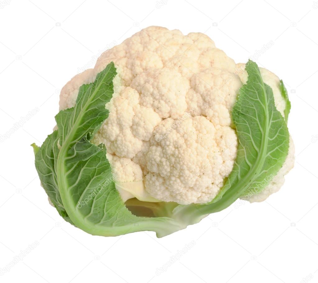 Ripe cauliflower with green leaves isolated on white background, clipping path