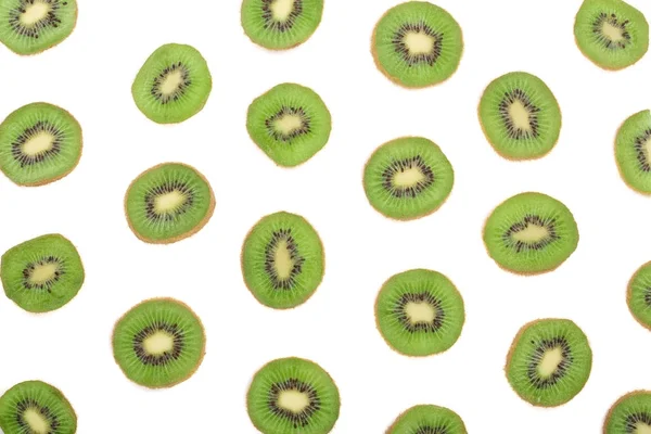 Beyaz arka plan üzerinde izole dilimlenmiş kivi meyve. Düz yatıyordu desen. Üstten Görünüm