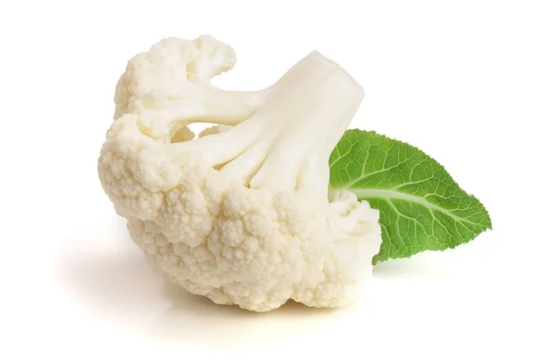Piece of cauliflower with leaf isolated on white background macro — Stock Photo, Image