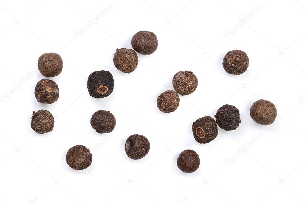 Allspices or Jamaica pepper isolated on white background. Top view