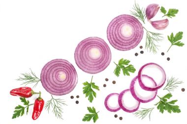 soğan, sarımsak, metniniz için kopya alanı ile beyaz arka plan üzerinde izole acı biber maydanoz. Üstten Görünüm. Düz yatıyordu