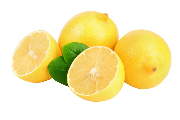 Limone e fetta con foglia isolata su fondo bianco — Foto Stock