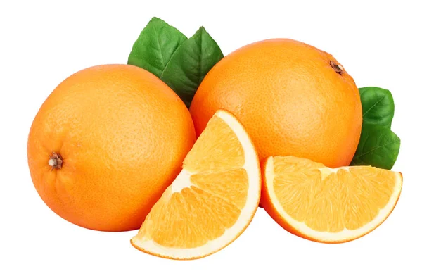 Arancione con fetta e foglia isolata sullo sfondo bianco — Foto Stock
