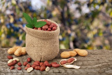 Fıstık çanta üzerinde eski bir bulanık Bahçe arka plan ile ahşap masa üzerinde yaprak ile