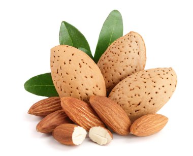 Badem fındık ile grup izole üzerinde beyaz arka plan bırakır