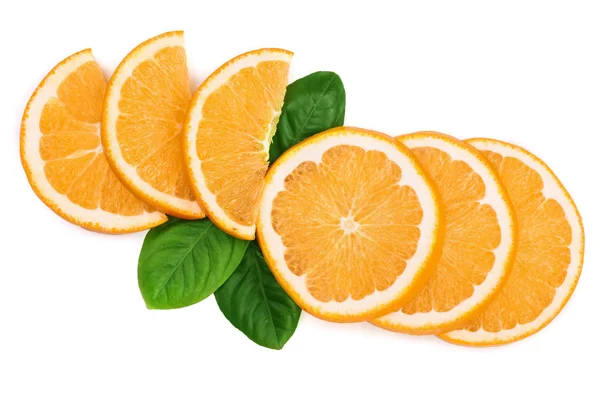 Slices of orange with leaves isolated on white background. Flat lay, top view. Fruit composition — Stock Photo, Image