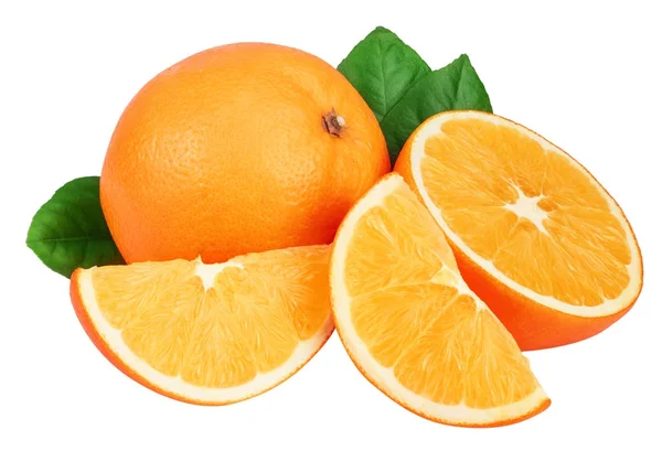 Orange mit Scheibe und Blatt isoliert auf weißem Hintergrund — Stockfoto