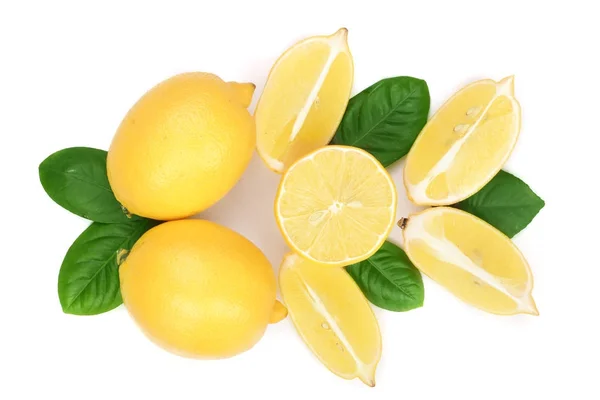 Lemon and slices with leaf isolated on white background. Flat lay, top view — Stock Photo, Image