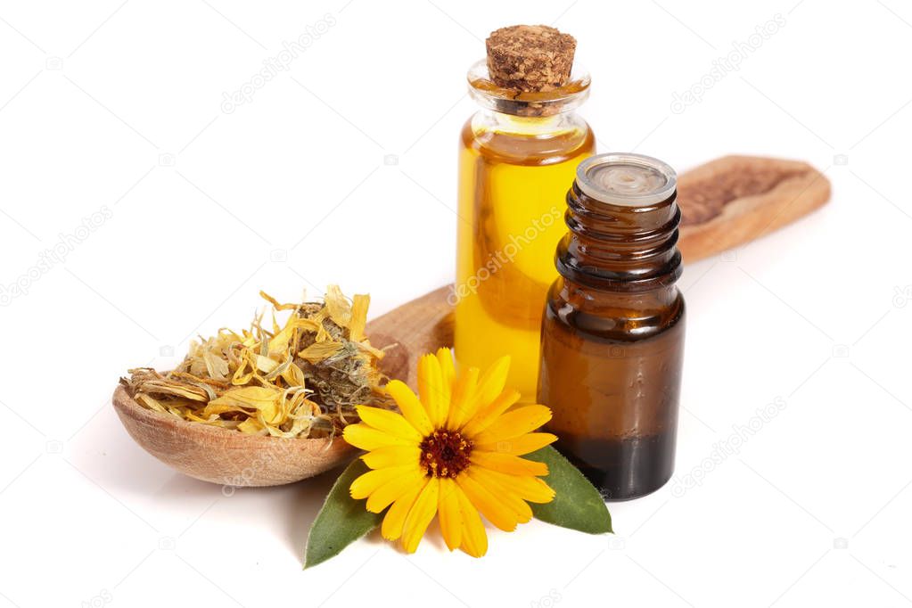 aromatherapy essential oil with marigold flowers isolated white background