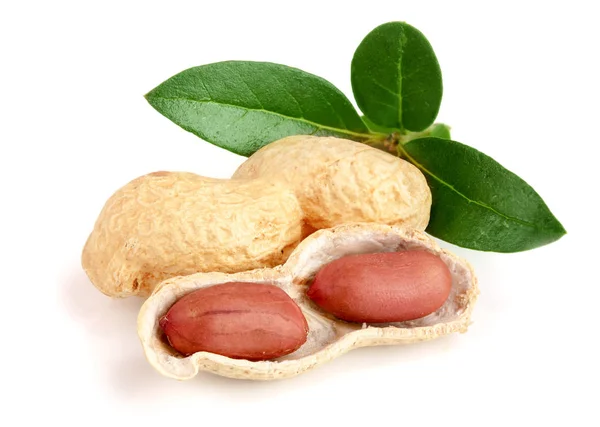 Cacahuetes con hojas aisladas sobre fondo blanco — Foto de Stock