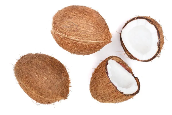 Whole coconut with half isolated on white background. Flat lay. Top view — Stock Photo, Image