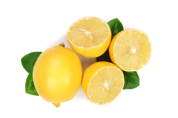 Lemon and slices with leaf isolated on white background. Flat lay, top view — Stock Photo, Image