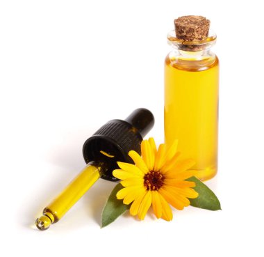 aromaterapi Uçucu yağ kadife çiçeği çiçek izole beyaz arka plan ile