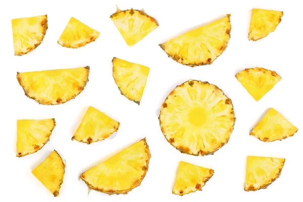 Beyaz arka plan üzerinde izole dilimlenmiş ananas. Üstten Görünüm. Düz yatıyordu desen
