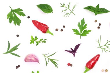 Taze baharat ve otlar beyaz arka plan üzerinde izole. Dereotu maydanoz fesleğen kekik biber peppercorns sarımsak. Üstten Görünüm