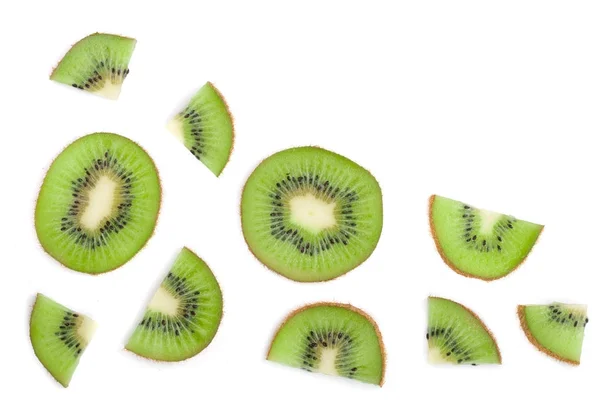 Gesneden kiwi fruit geïsoleerd op een witte achtergrond met kopie ruimte voor uw tekst. Plat lag patroon. Bovenaanzicht — Stockfoto