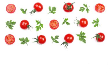 Maydanoz ile küçük kiraz domates izole üzerinde beyaz arka plan kopya alanı metni ile bırakır. Üstten Görünüm. Düz yatıyordu