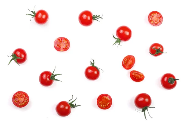 Tomates pequeños de cereza aislados sobre fondo blanco. Conjunto o colección. Vista superior. Puesta plana — Foto de Stock