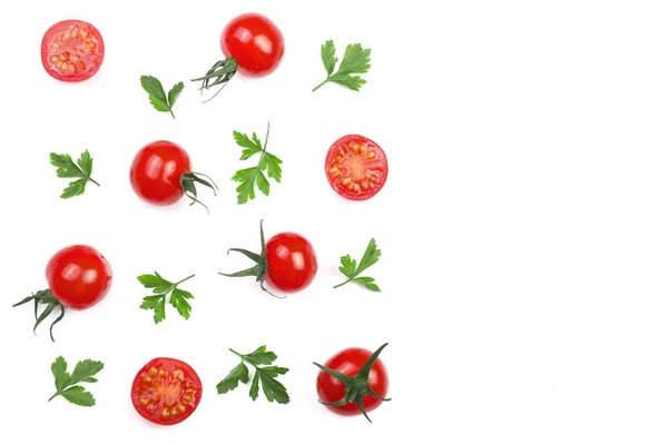 Kirsche kleine Tomaten mit Petersilienblättern isoliert auf weißem Hintergrund mit Kopierraum für Ihren Text. Ansicht von oben. flache Lage — Stockfoto