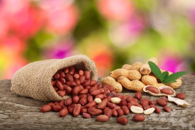 Fıstık çanta üzerinde eski bir bulanık Bahçe arka plan ile ahşap masa üzerinde yaprak ile