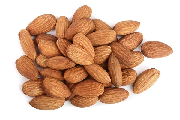 Almonds isolated on white background close up. Top view — Stock Photo, Image