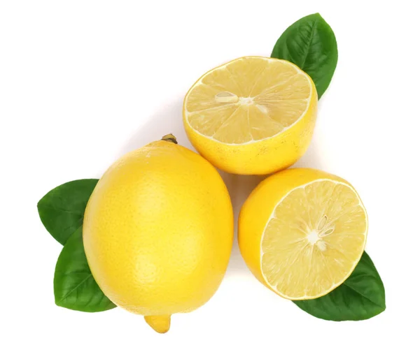 Lemon and slices with leaf isolated on white background. Flat lay, top view — Stock Photo, Image