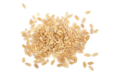 Beyaz arka plan üzerinde izole buğday taneleri. Üstten Görünüm. Düz yatıyordu