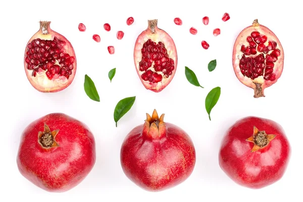 Pomegranate with leaves isolated on white background. Top view. Flat lay pattern — Stock Photo, Image