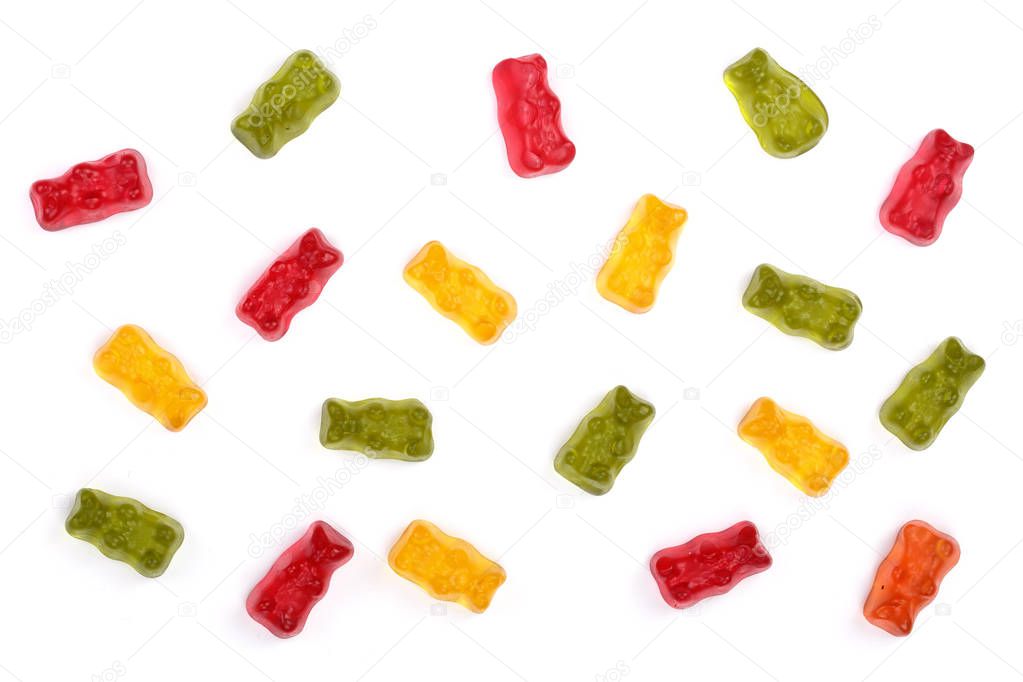 Colorful eat gummy bears jelly candy Isolated on white background. Top view. Flat lay