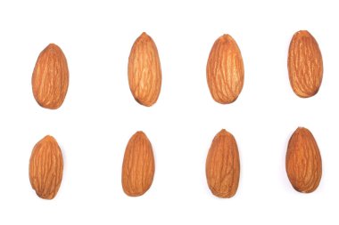 Beyaz arka plan üzerinde izole badem. Düz yatıyordu desen. Küme veya koleksiyonu