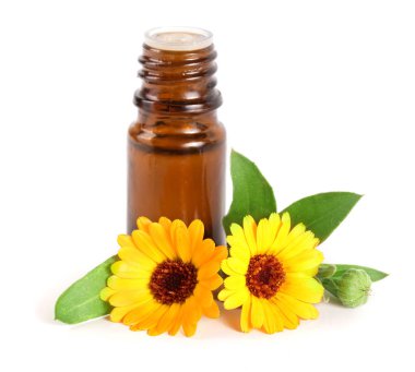 aromaterapi Uçucu yağ kadife çiçeği çiçek izole beyaz arka plan ile