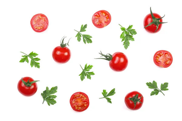 Tomates pequenos de cereja com folhas de salsa isoladas em fundo branco. Conjunto ou coleção. Vista superior. Depósito plano — Fotografia de Stock