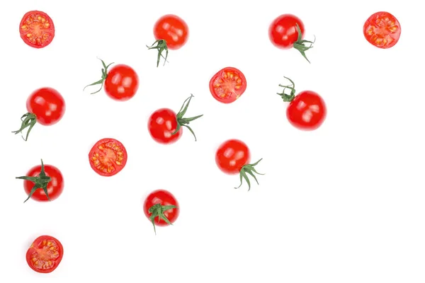 Вишневі маленькі помідори ізольовані на білому тлі з місцем для тексту. Вид зверху. Плоский прошарок — стокове фото
