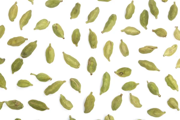 Green cardamom seeds isolated on white background. Top view. lay flat — Stock Photo, Image