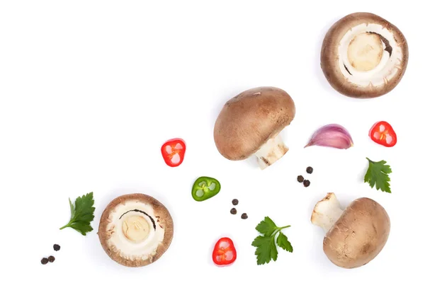 Fresh champignon mushrooms with parsley isolated on white background with copy space for your text. Top view — Stock Photo, Image