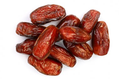 Kuru tarihler beyaz arkaplanda izole edilmiş. Üst Manzara. Düz uzanma deseni