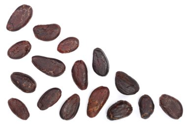 kakao çekirdeği kopya alanı metniniz için beyaz zemin üzerine izole. Üstten Görünüm. Düz yatıyordu