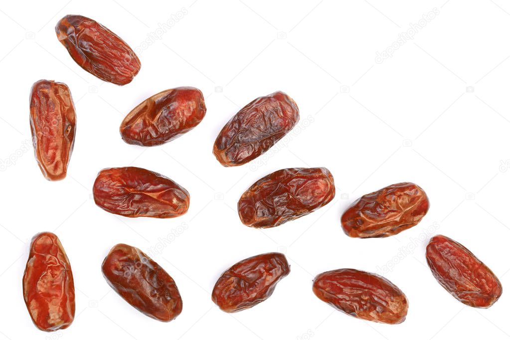 dry dates isolated on white background with copy space for your text. Top view. Flat lay pattern