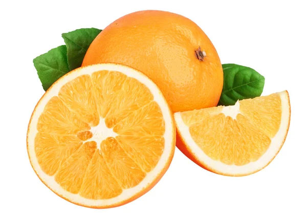 Orange med skiva och leaf isolerat på den vita bakgrunden — Stockfoto